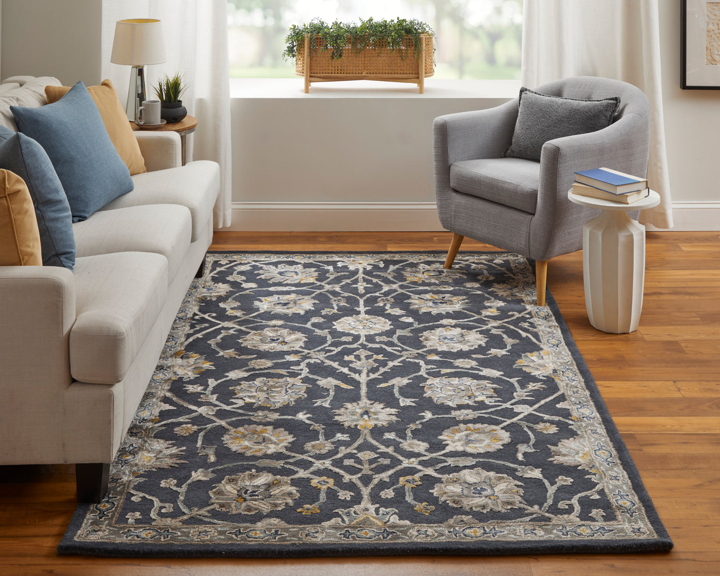 Prescott Traditional/Bohemian & Eclectic/French & Victorian Floral & Botanical/Scroll/Paisley Blue/Silver/Gray - Feizy Rug