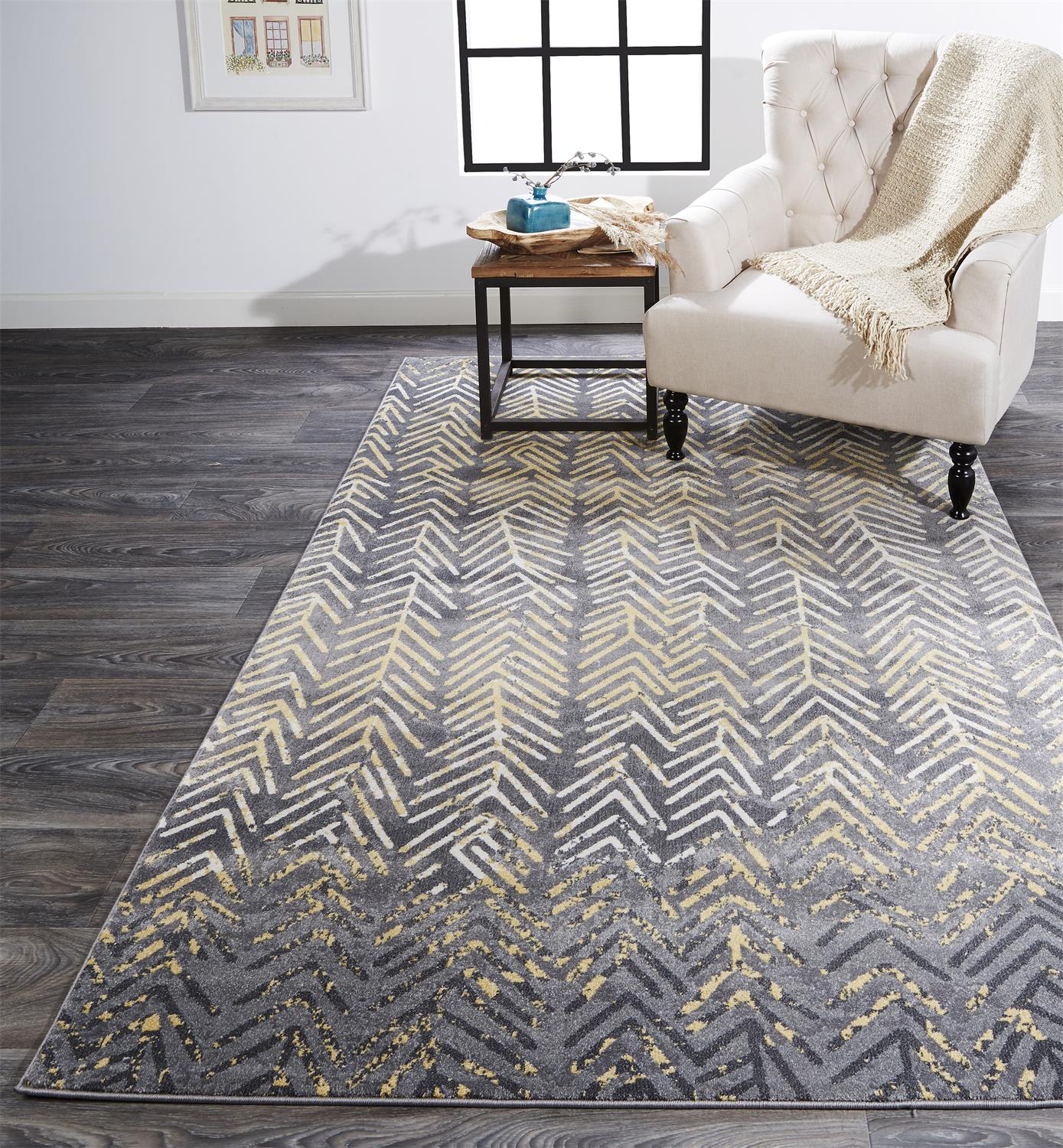Bleecker Modern/Bohemian & Eclectic/Casual Chevron/Abstract/Geometric Gray/Yellow/White - Feizy Rug