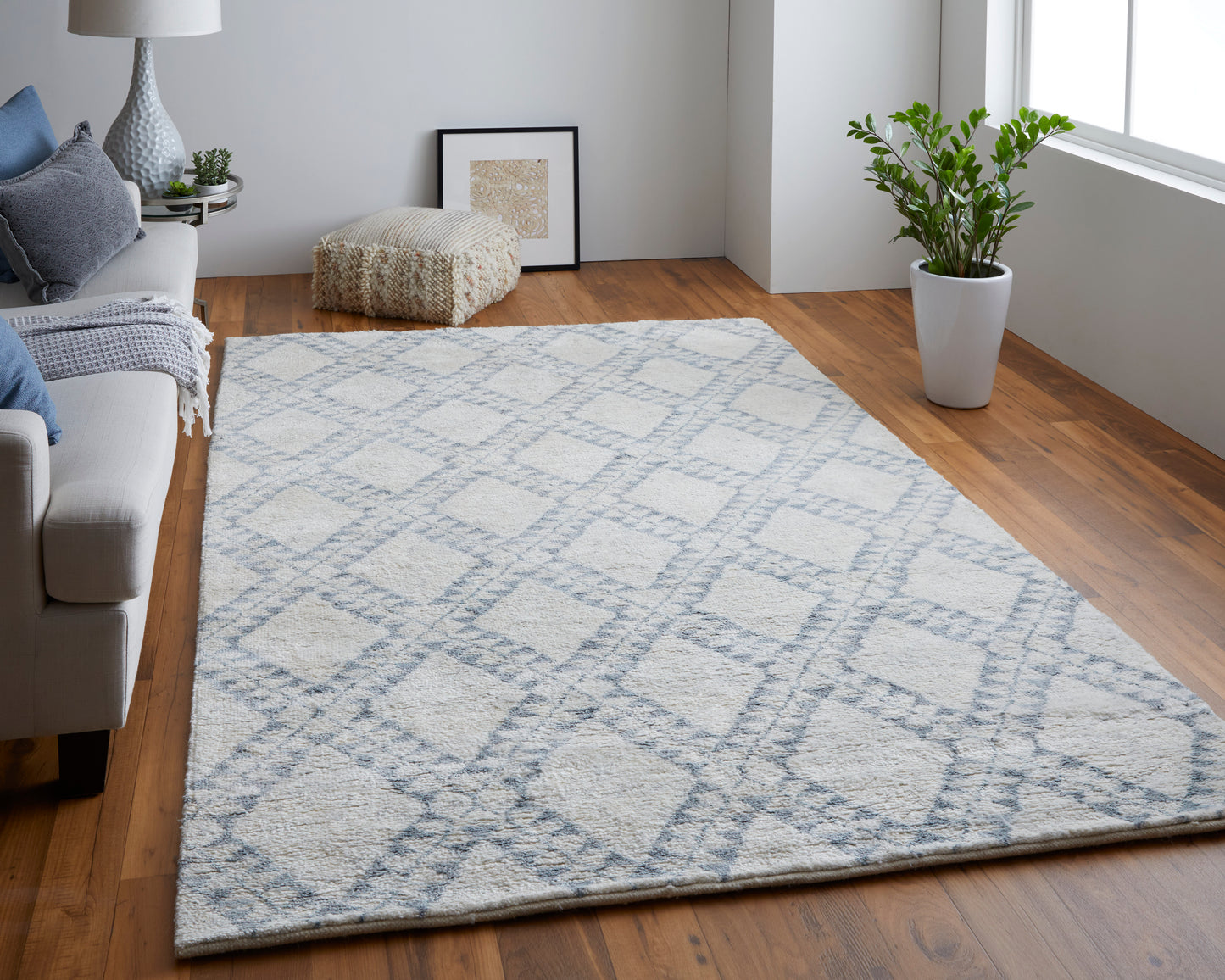 Abytha Transitional/Global/Farmhouse Diamond/Geometric/Distressed Gray/Blue/Ivory - Feizy Rug