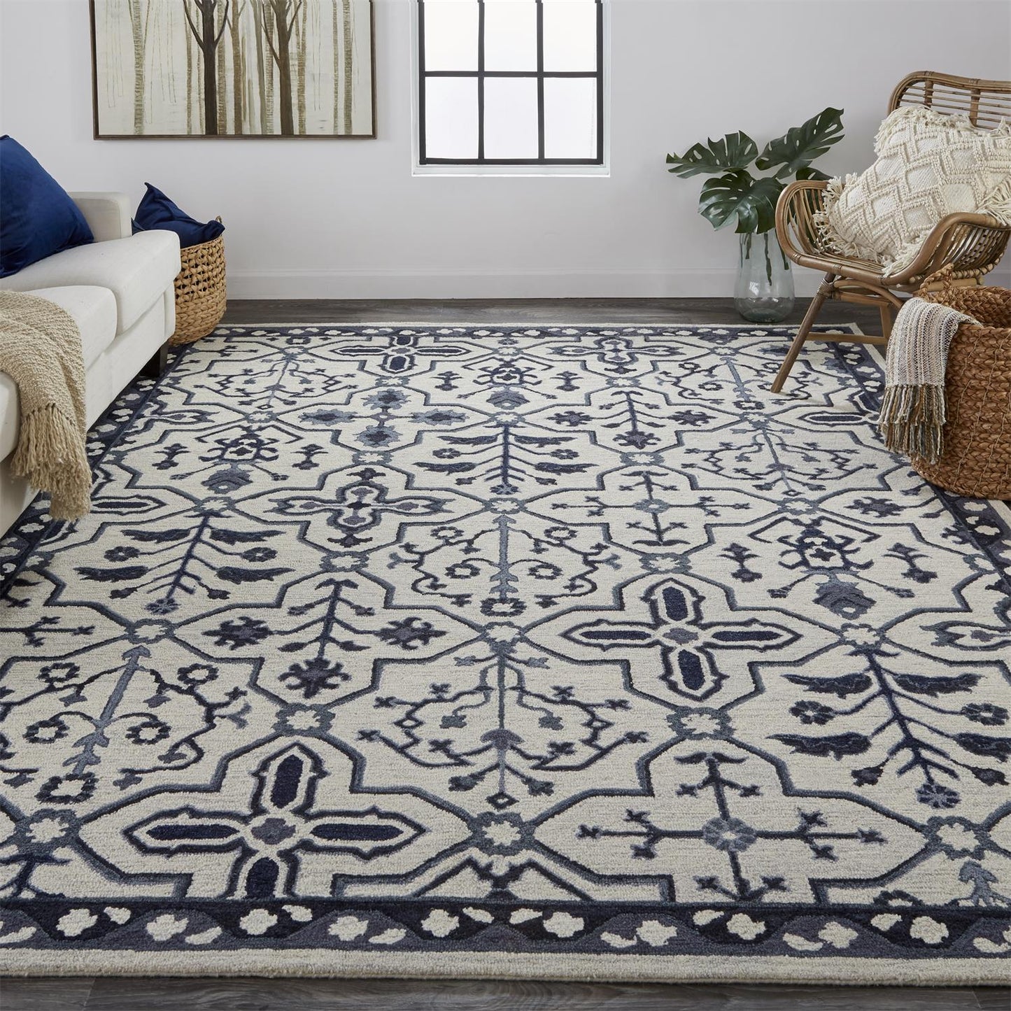 Fallon Traditional/Classic Oriental/Geometric/Floral & Botanical Gray/Blue/Ivory - Feizy Rug