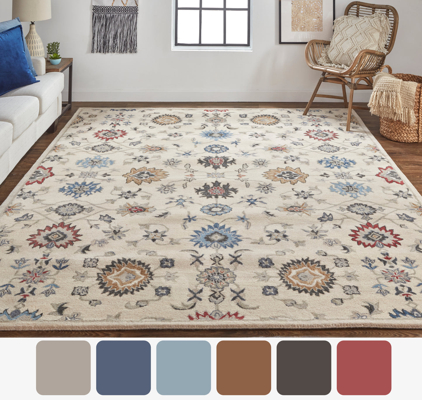 Rylan Transitional/Casual/Classic Ivory/Blue/Tan Area Rug