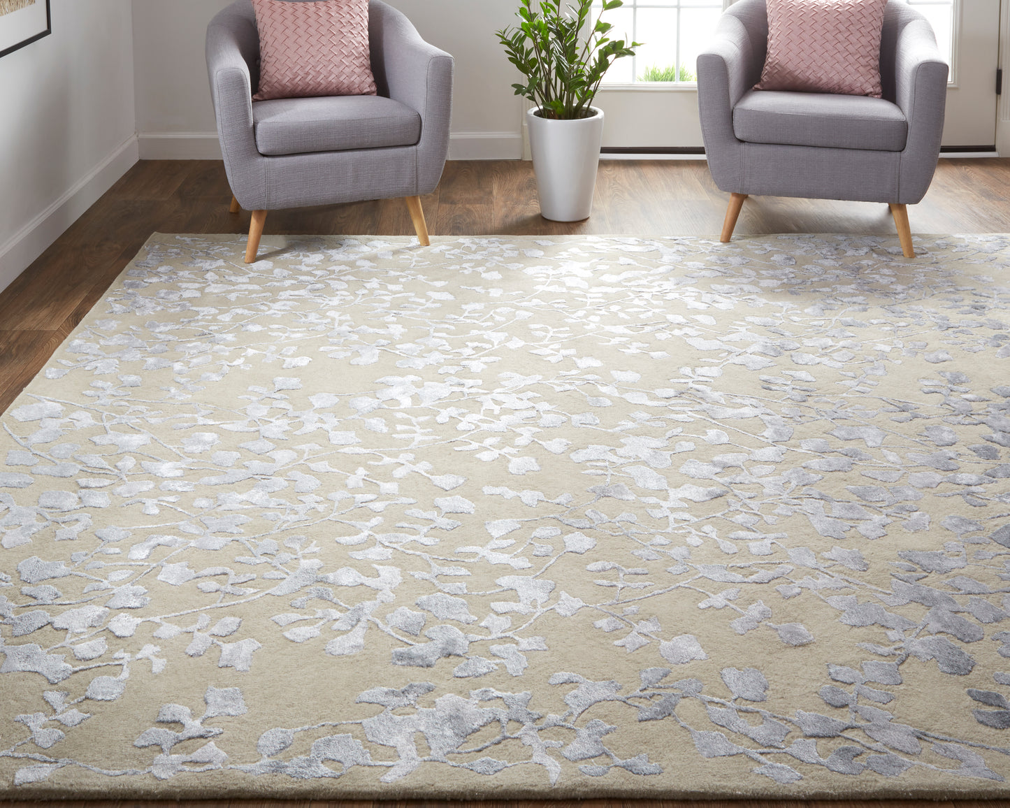 Bella Transitional/Casual Floral & Botanical Tan/Silver/Gray - Feizy Rug