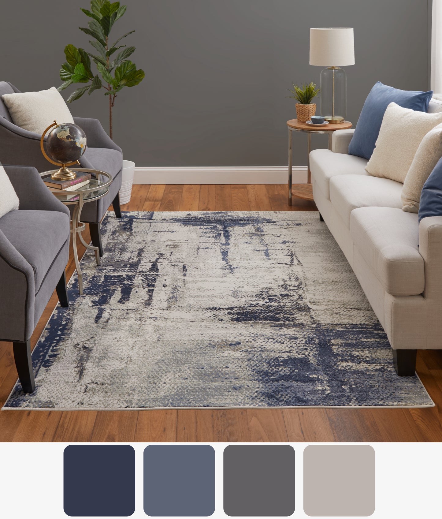 Mandana Modern/Bohemian & Eclectic/Industrial Abstract/Watercolor Ivory/Blue - Feizy Rug