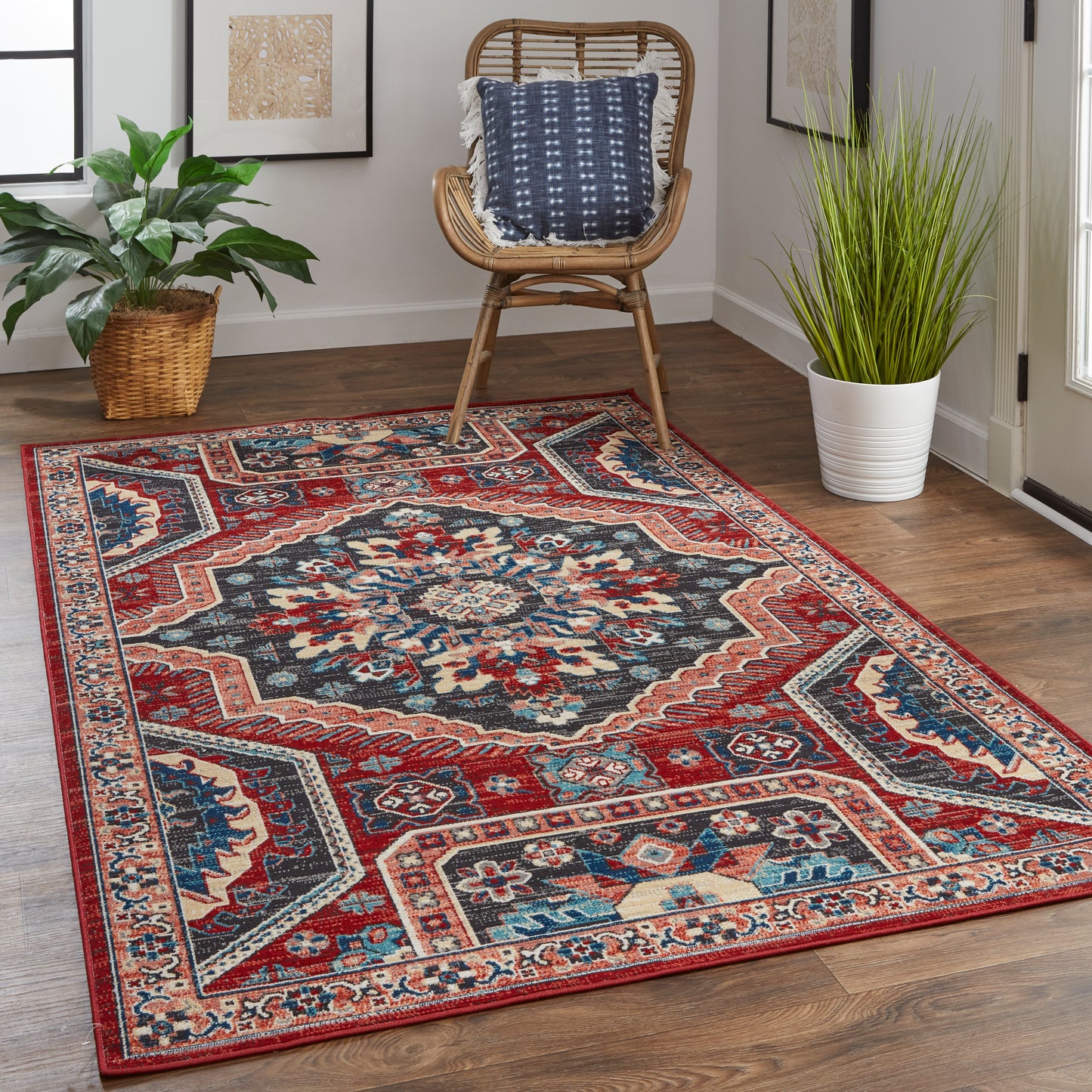 Nolan Transitional/Bohemian & Eclectic/Vintage Medallion/Persian/Distressed Red/Gray/Tan - Feizy Rug