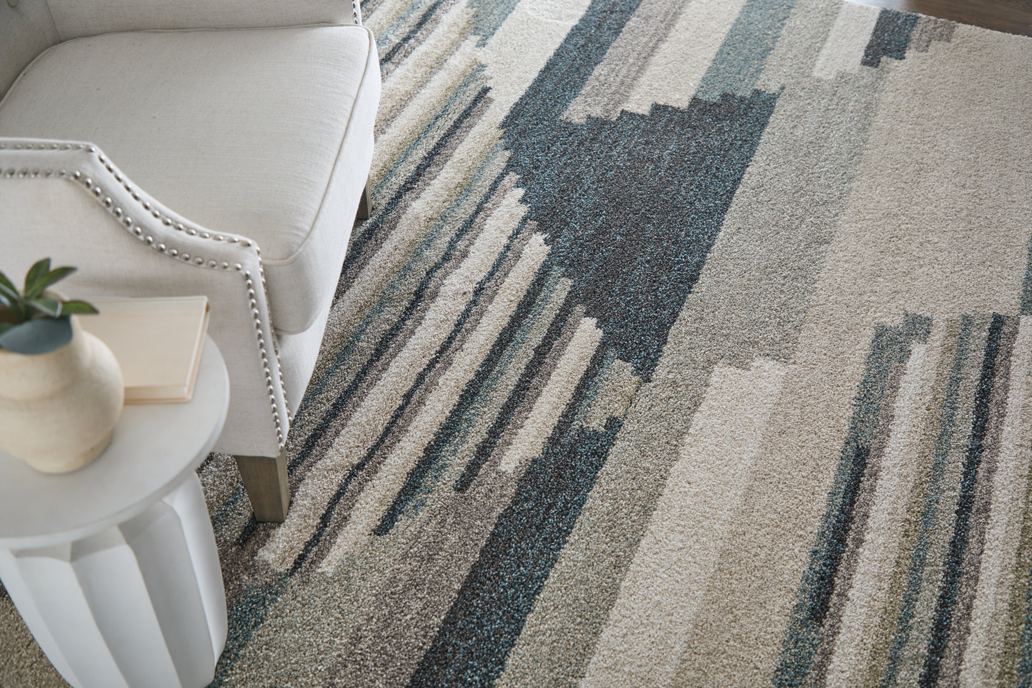 Richmond Modern/Bohemian & Eclectic/Global Abstract/Geometric/Stripes Ivory/Gray/Blue - Feizy Rug
