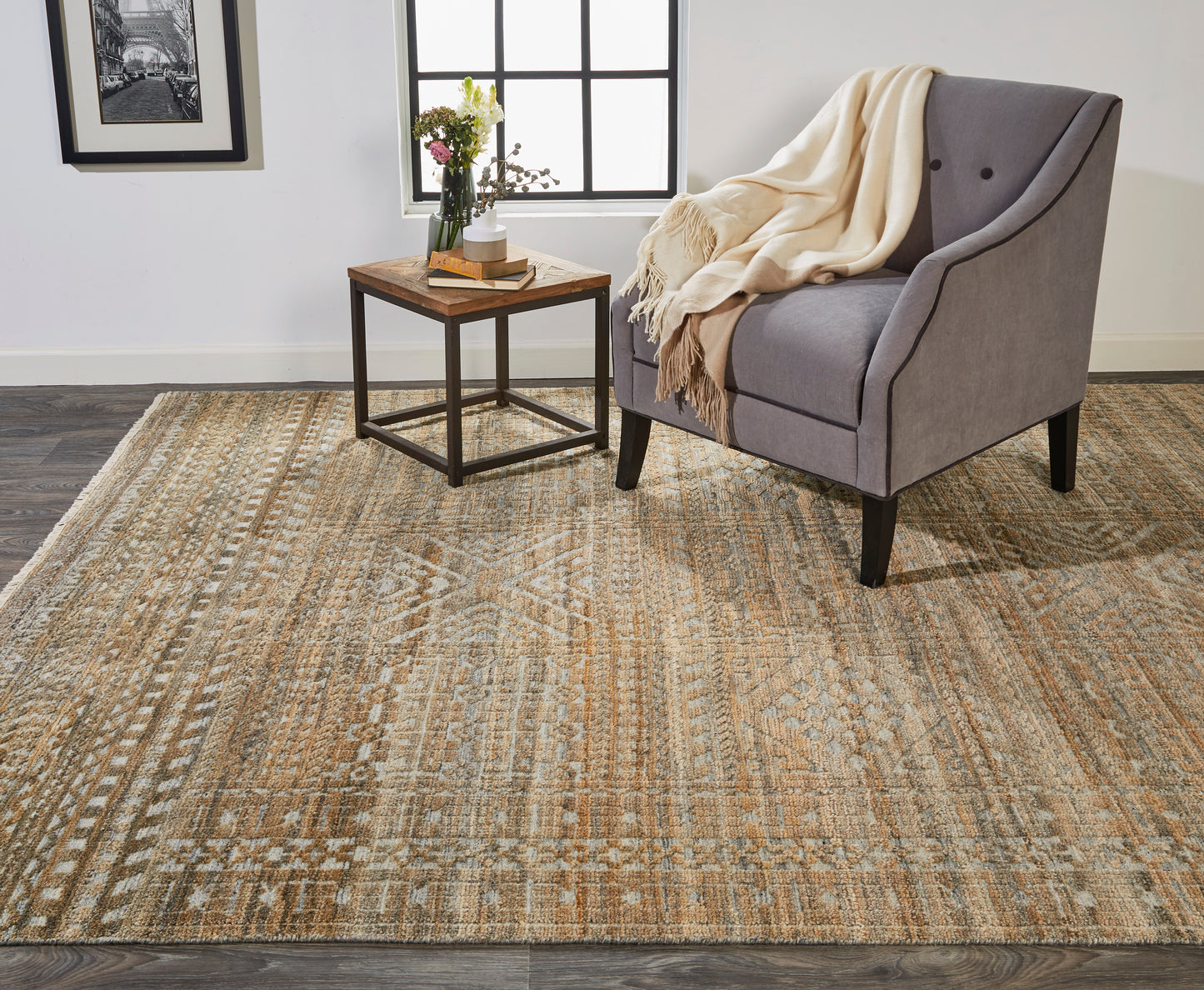 Payton Transitional/Global/Natural Geometric/Distressed Gold/Tan/Ivory - Feizy Rug