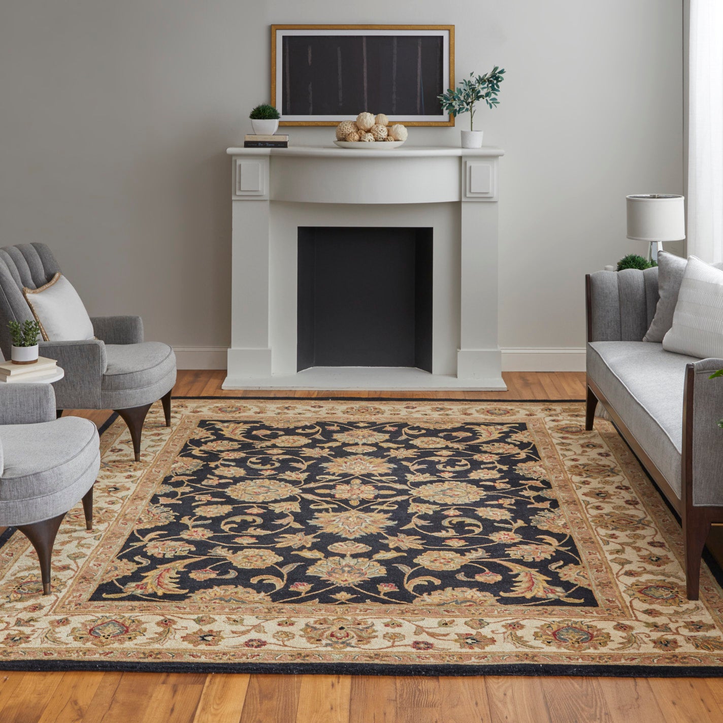 Wagner Traditional/Classic/Vintage Oriental/Persian/Bordered Black/Gold/Tan - Feizy Rug