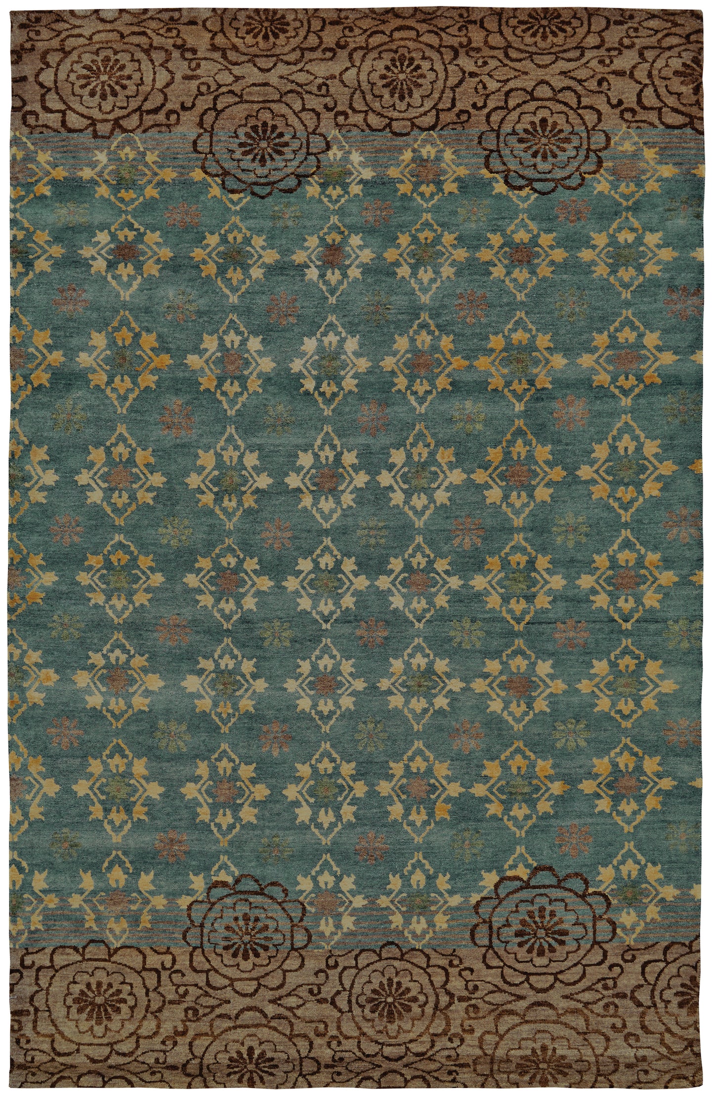 Qing Transitional/Casual/Craftsman Floral & Botanical/Ikat/Diamond Blue/Green/Brown - Feizy Rug