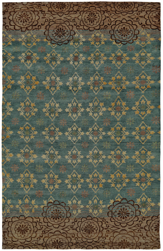 Qing Transitional/Casual/Craftsman Floral & Botanical/Ikat/Diamond Blue/Green/Brown - Feizy Rug