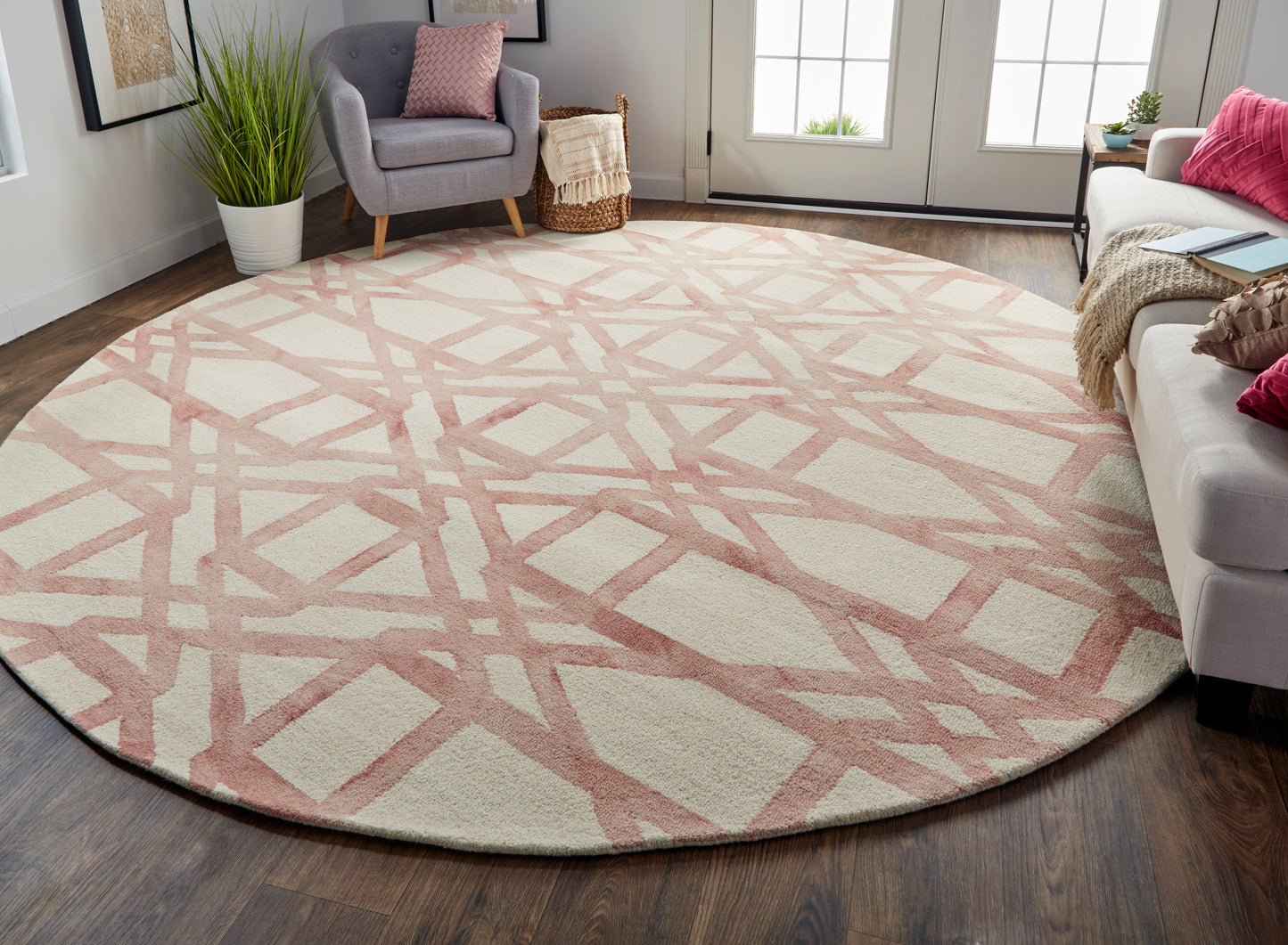 Lorrain Modern/Mid-Century Modern/Luxury & Glam Ivory/Pink/Tan Round Rug  Feizy Rugs LTL,Feizy Rugs,Lorrain,Ivory/Pink/Tan,10' x 10' Round,Round Rug,Wool,Modern/Mid-Century Modern/Luxury & Glam,India