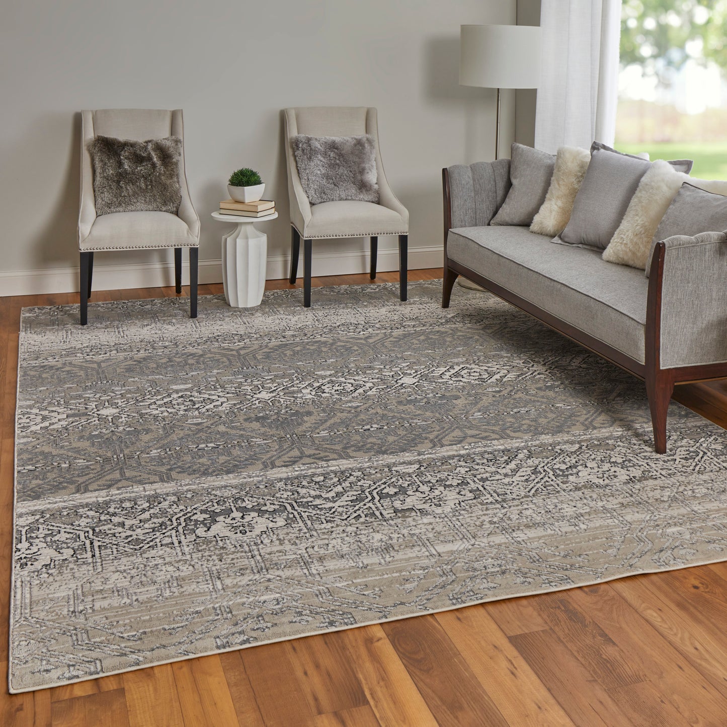 Macklaine Transitional/Bohemian & Eclectic/Global Distressed/Diamond/Medallion Ivory/Silver/Black - Feizy Rug