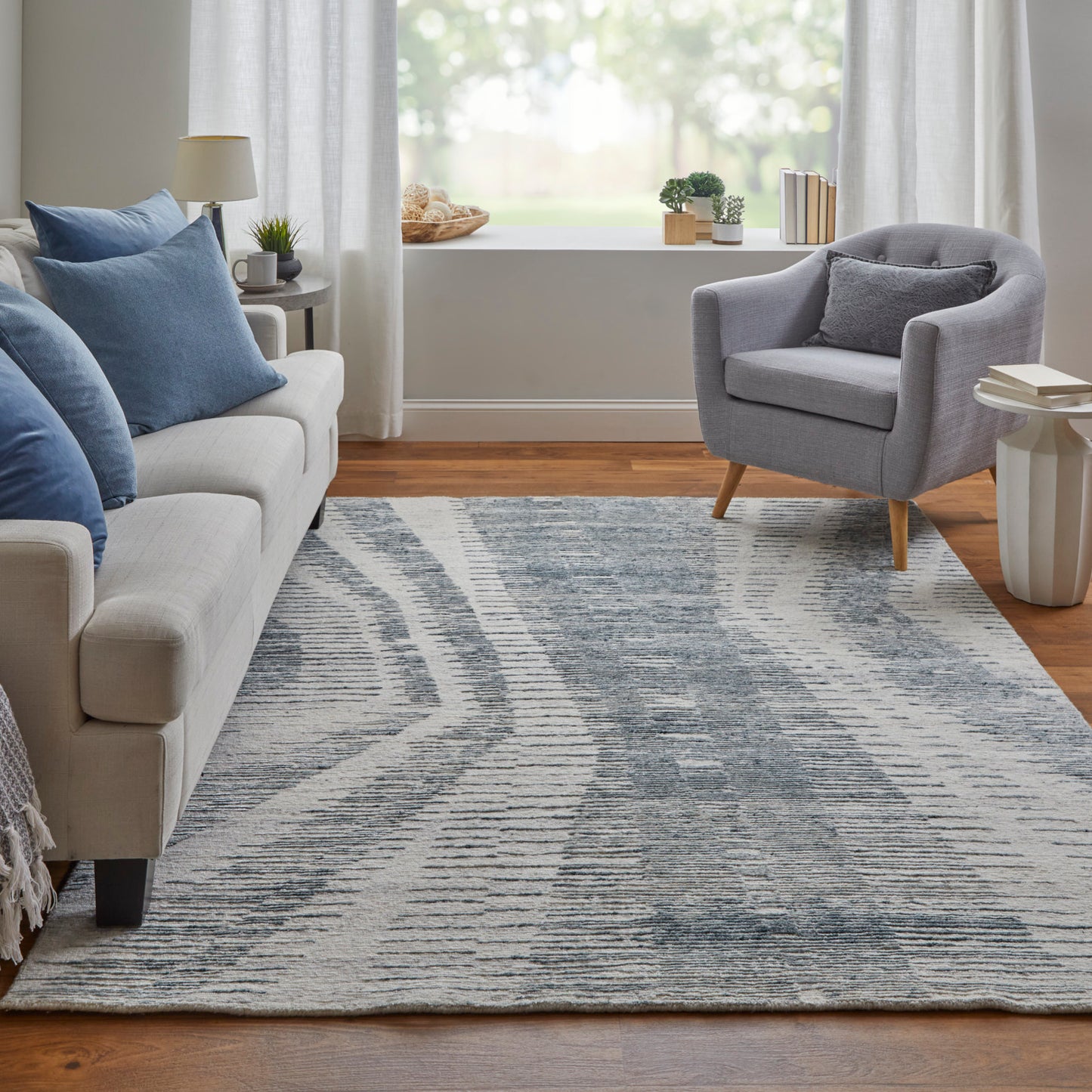 Brighton Modern/Industrial/Global Ivory/Blue/Gray Area Rug