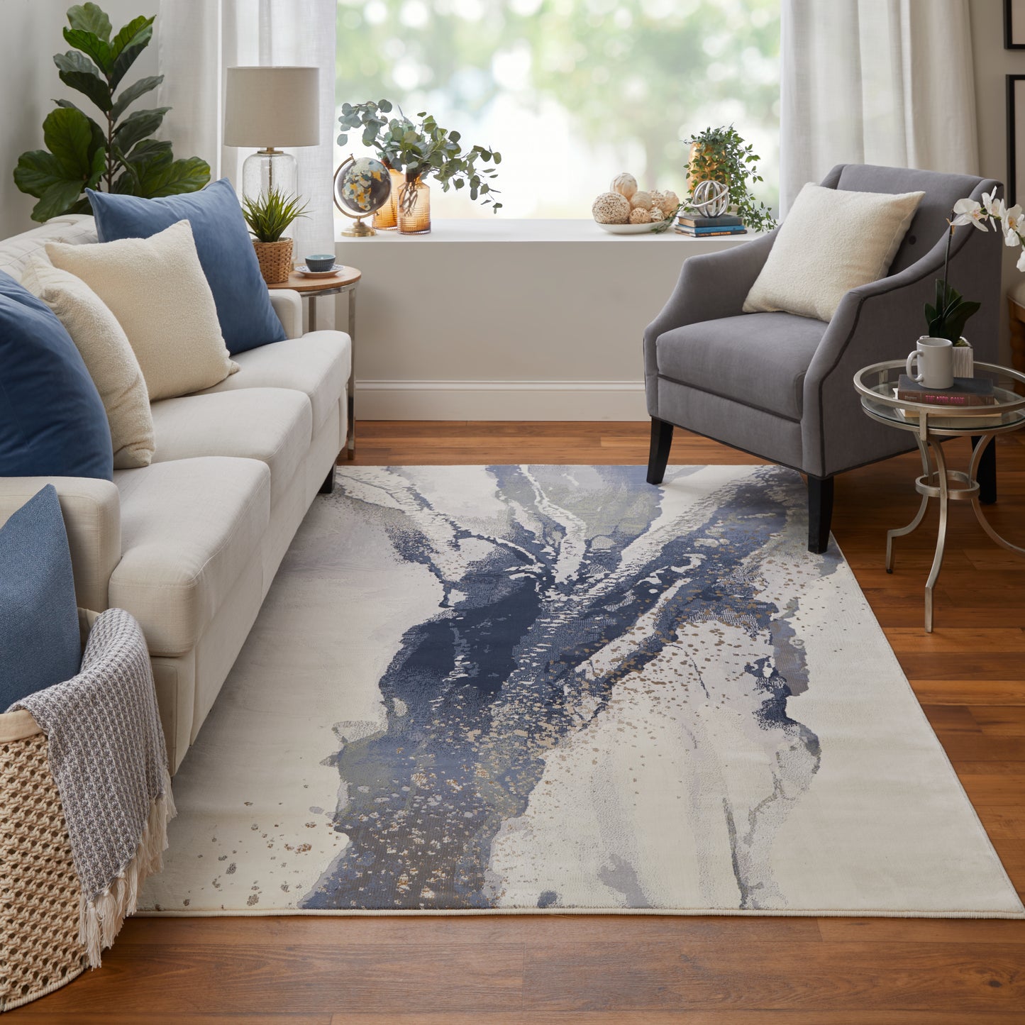 Mandana Modern/Bohemian & Eclectic Abstract/Watercolor Ivory/Blue - Feizy Rug
