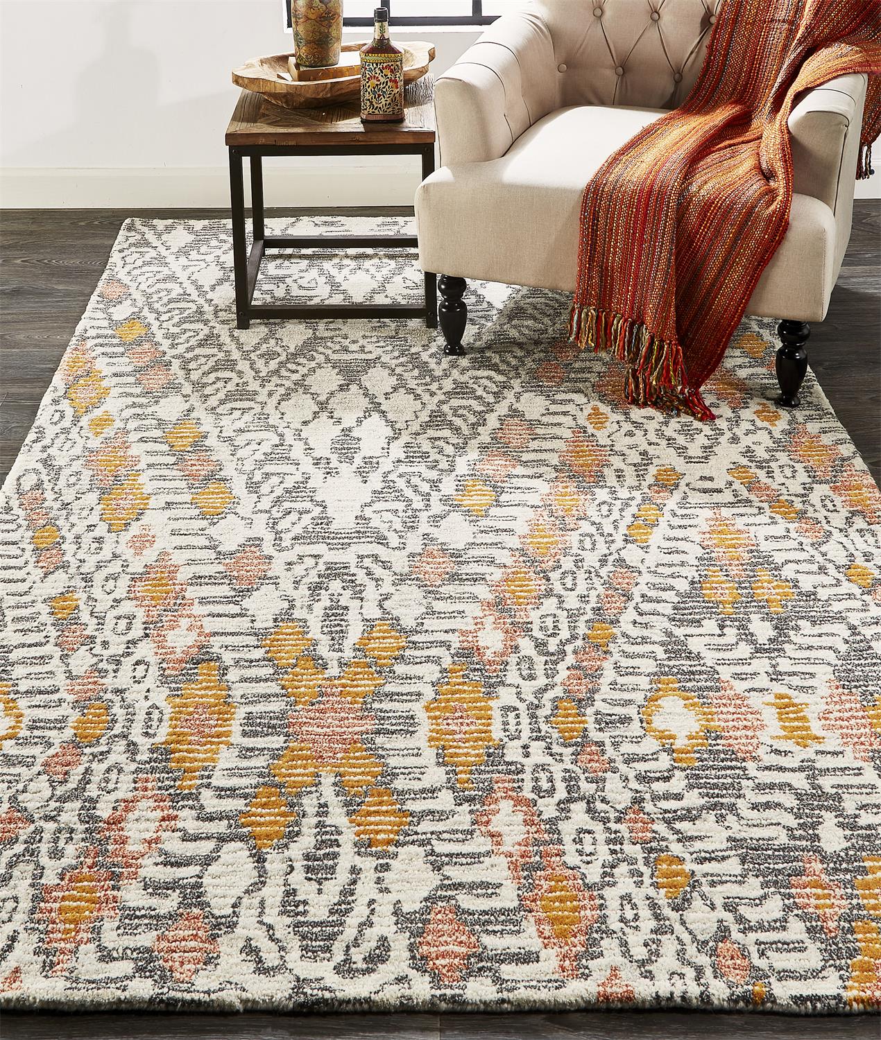 Arazad Transitional/Global/Bohemian & Eclectic Geometric/Moroccan/Diamond Gray/Ivory/Orange - Feizy Rug
