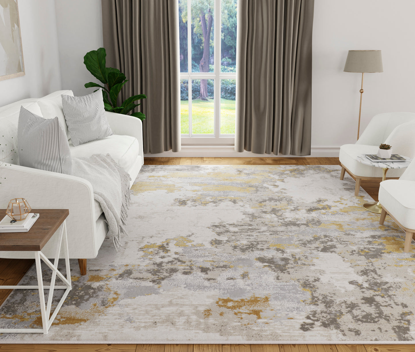 Waldor Modern/Luxury & Glam/Casual Abstract/Watercolor Ivory/Gold/Gray - Feizy Rug