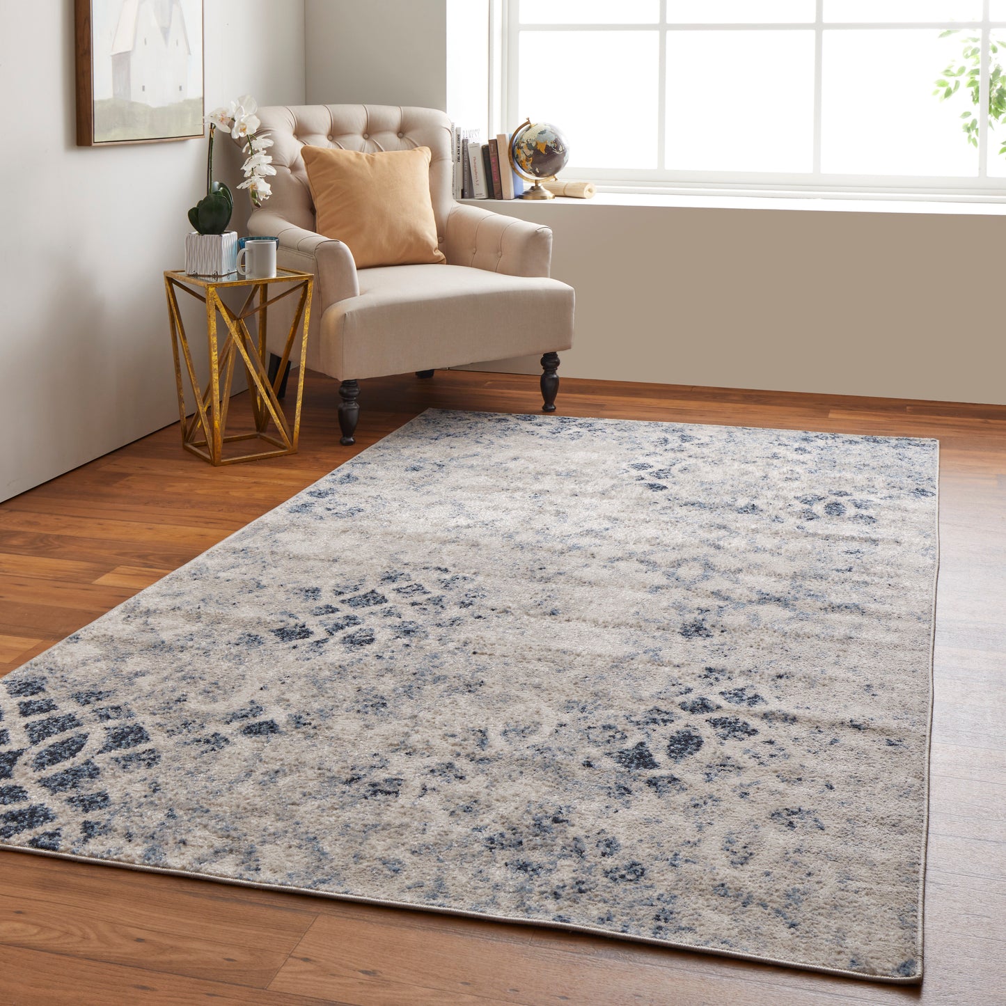 Camellia Transitional/Casual Abstract/Trellis & Lattice/Distressed Ivory/Blue - Feizy Rug