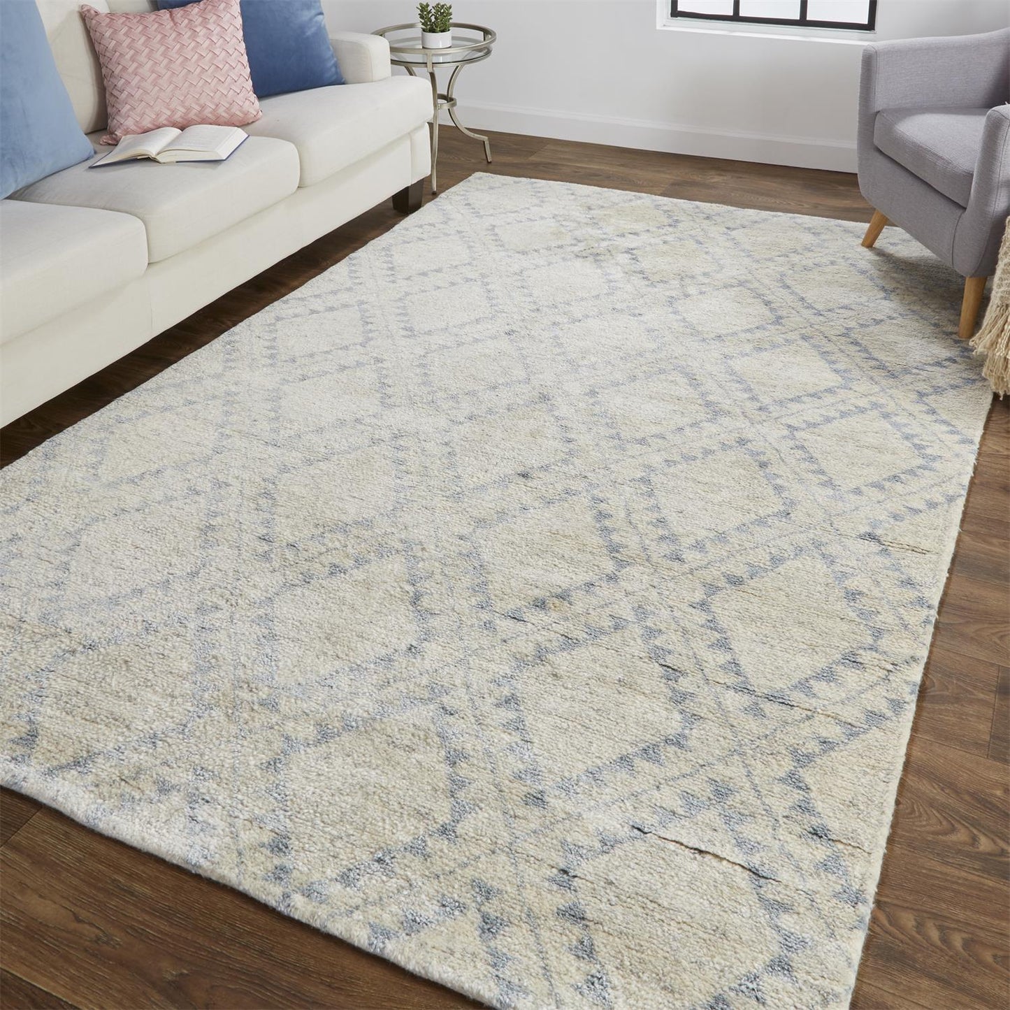 Abytha Transitional/Global/Farmhouse Diamond/Geometric/Distressed Gray/Blue/Ivory - Feizy Rug