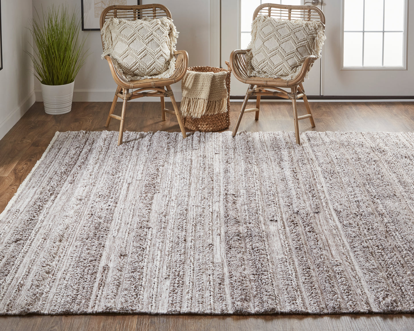 Alden Transitional/Casual/Scandinavian Stripes/Solid Taupe/Brown/Ivory - Feizy Rug