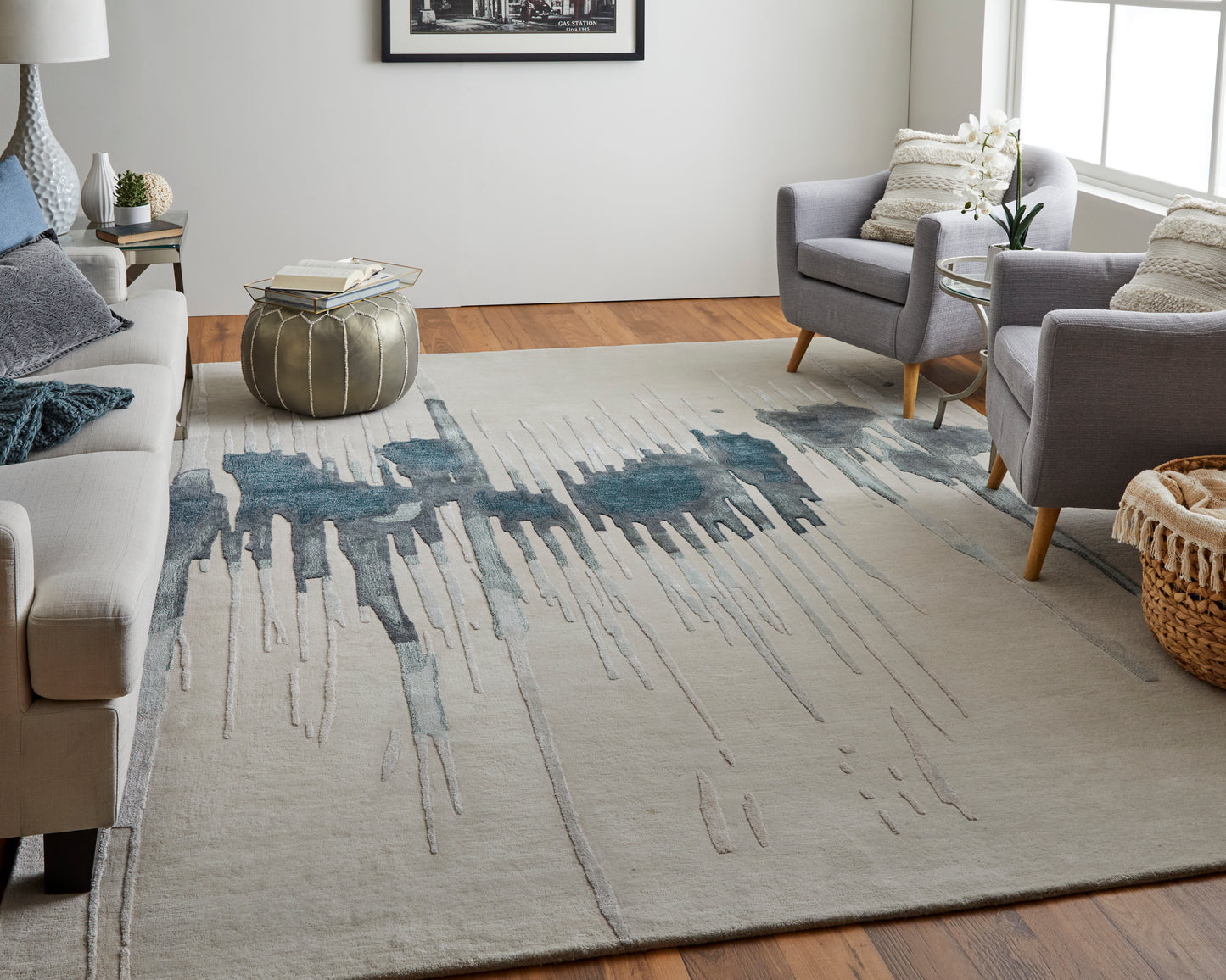 Anya Transitional/Industrial/Casual Abstract/Watercolor Ivory/Blue/Gray - Feizy Rug