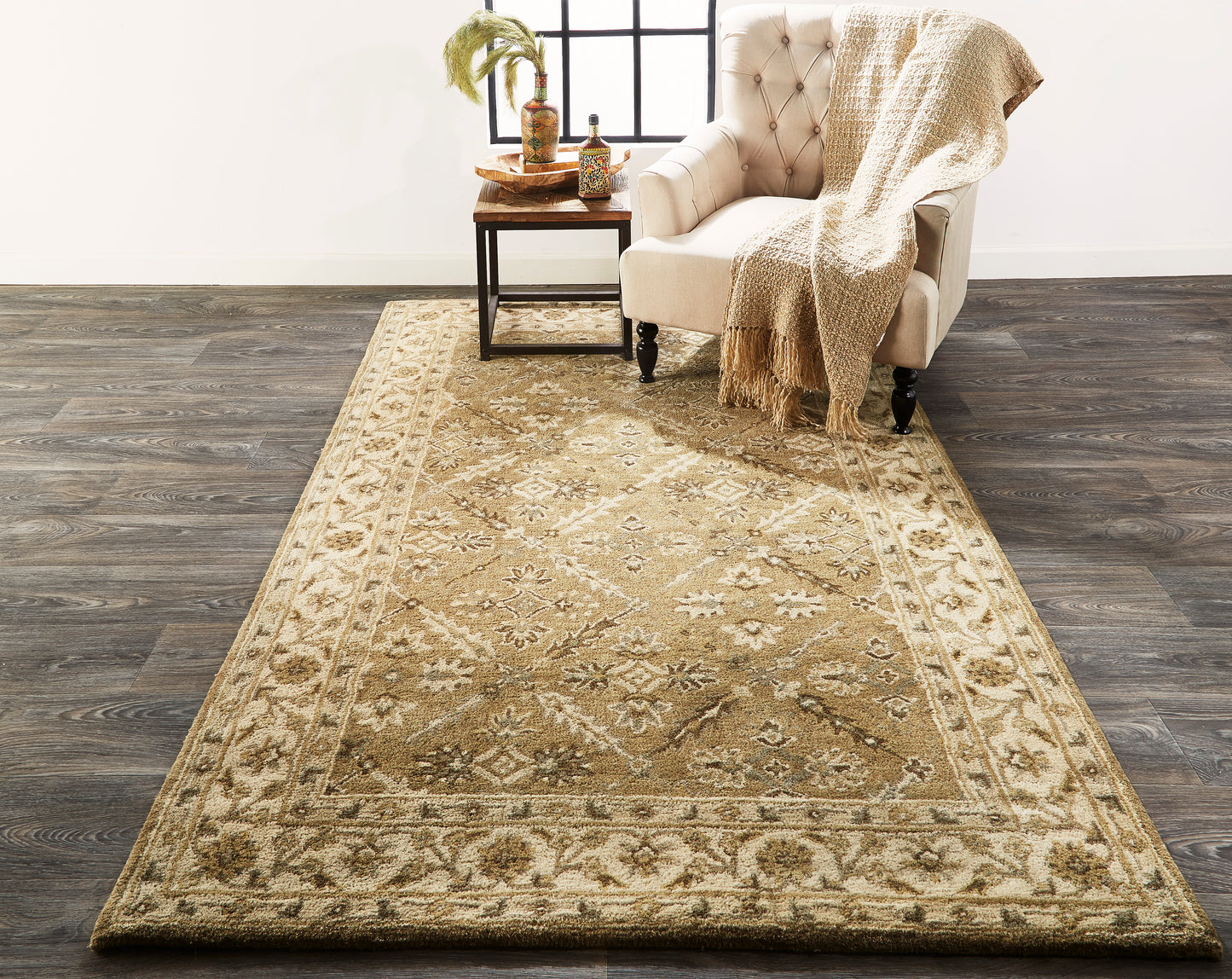 Eaton Traditional/Classic/Persian Oriental/Floral & Botanical/Bordered Green/Brown/Taupe - Feizy Rug