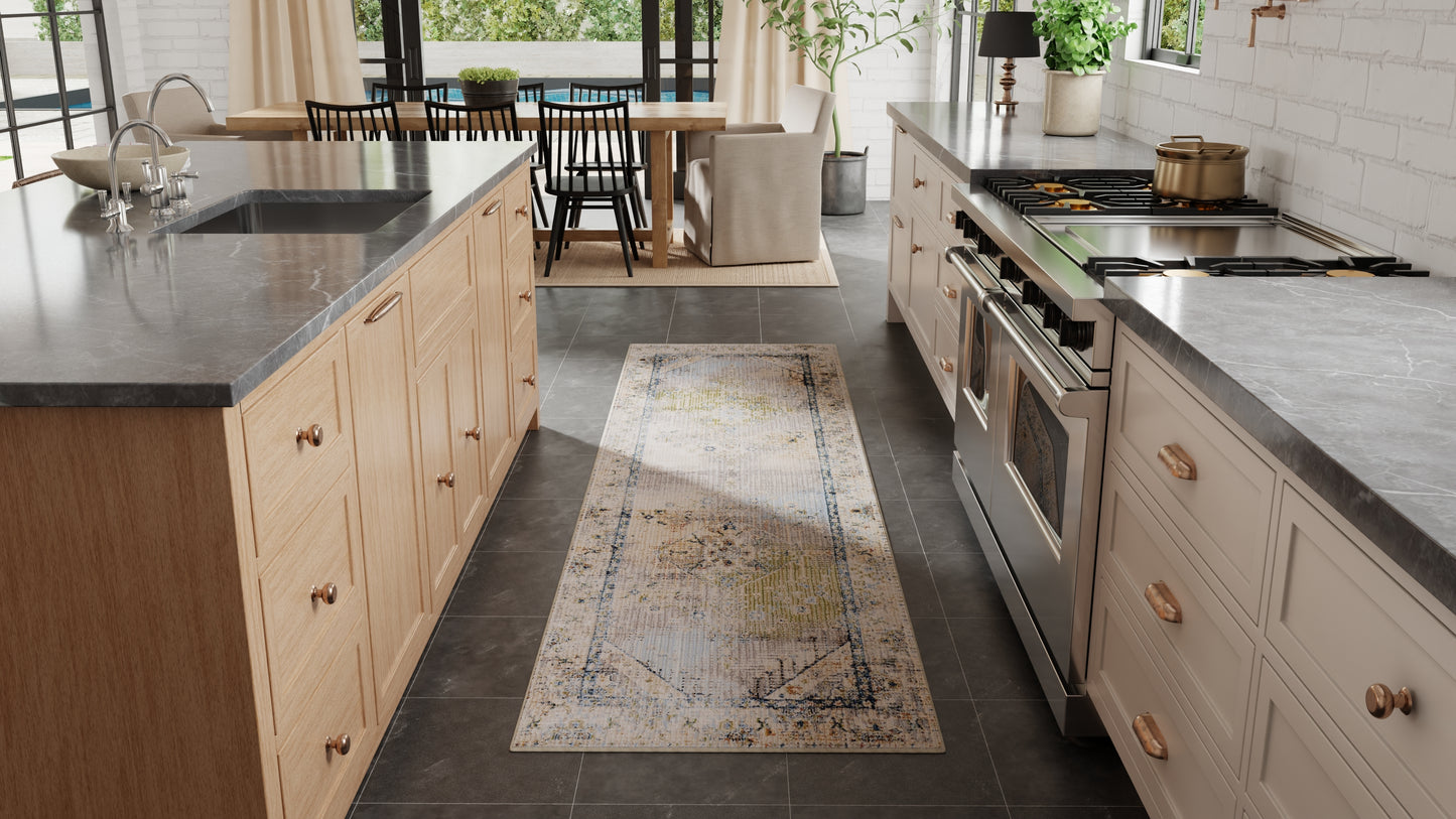 Melrose Transitional/Bohemian & Eclectic/Vintage Distressed/Bordered/Medallion Ivory/Green/Blue - Feizy Rug