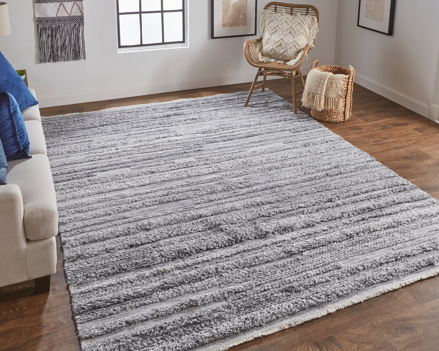 Alden Transitional/Casual/Scandinavian Stripes/Solid Gray/Ivory - Feizy Rug