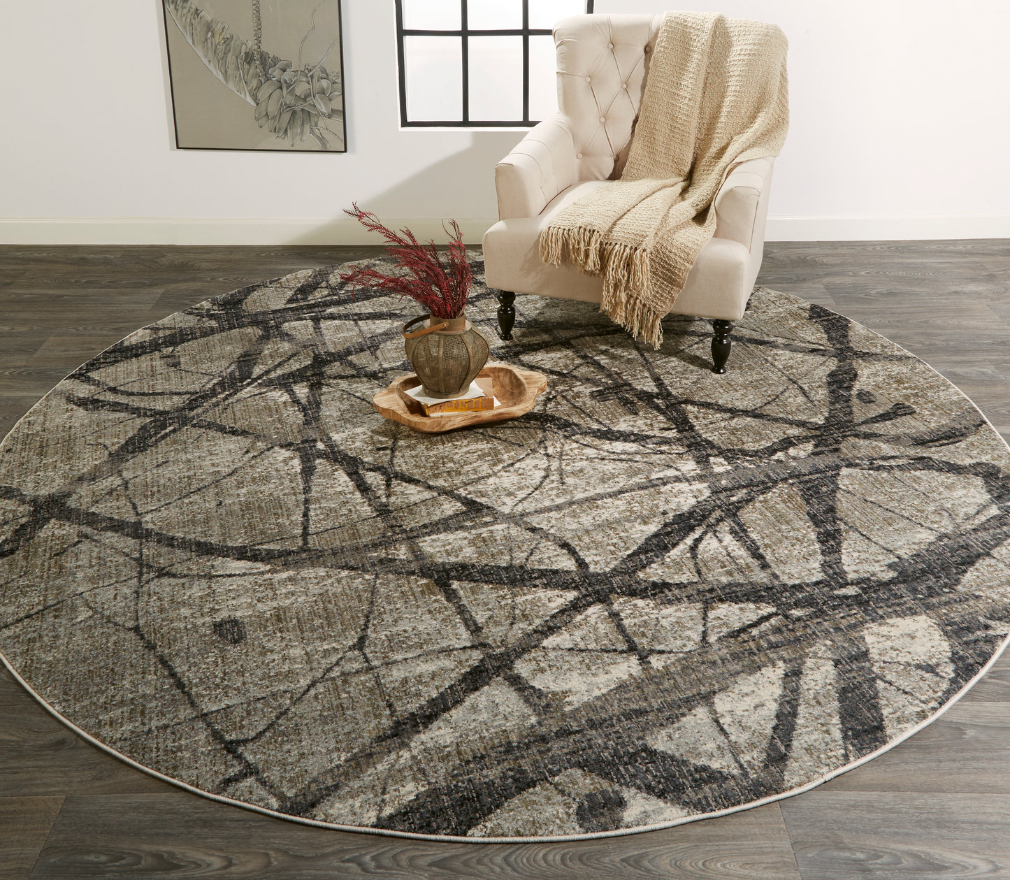 Kano Transitional/Industrial Taupe/Gray/Ivory Round Rug  Feizy Rugs LTL,Feizy Rugs,Kano,Taupe/Gray/Ivory,8'9" x 8'9" Round,Round Rug,Polypropylene/Polyester,Transitional/Industrial,Turkey