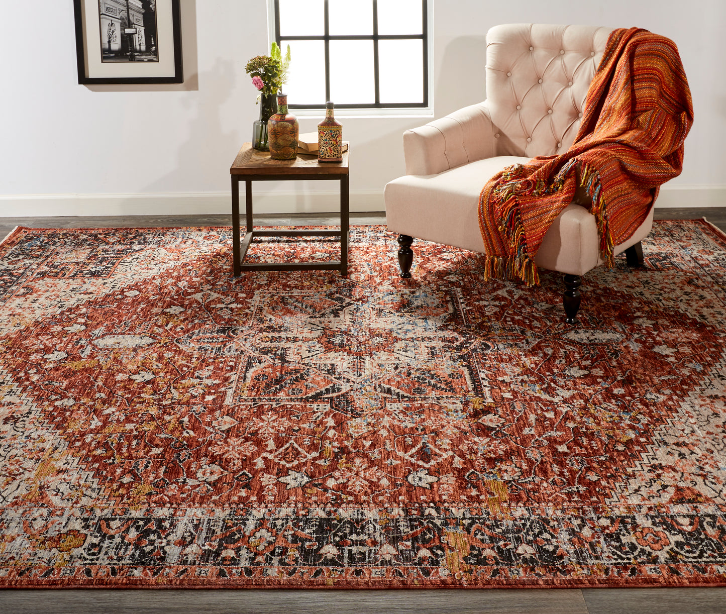 Caprio Transitional/Bohemian & Eclectic/Global Medallion/Oriental/Bordered Red/Ivory/Black - Feizy Rug
