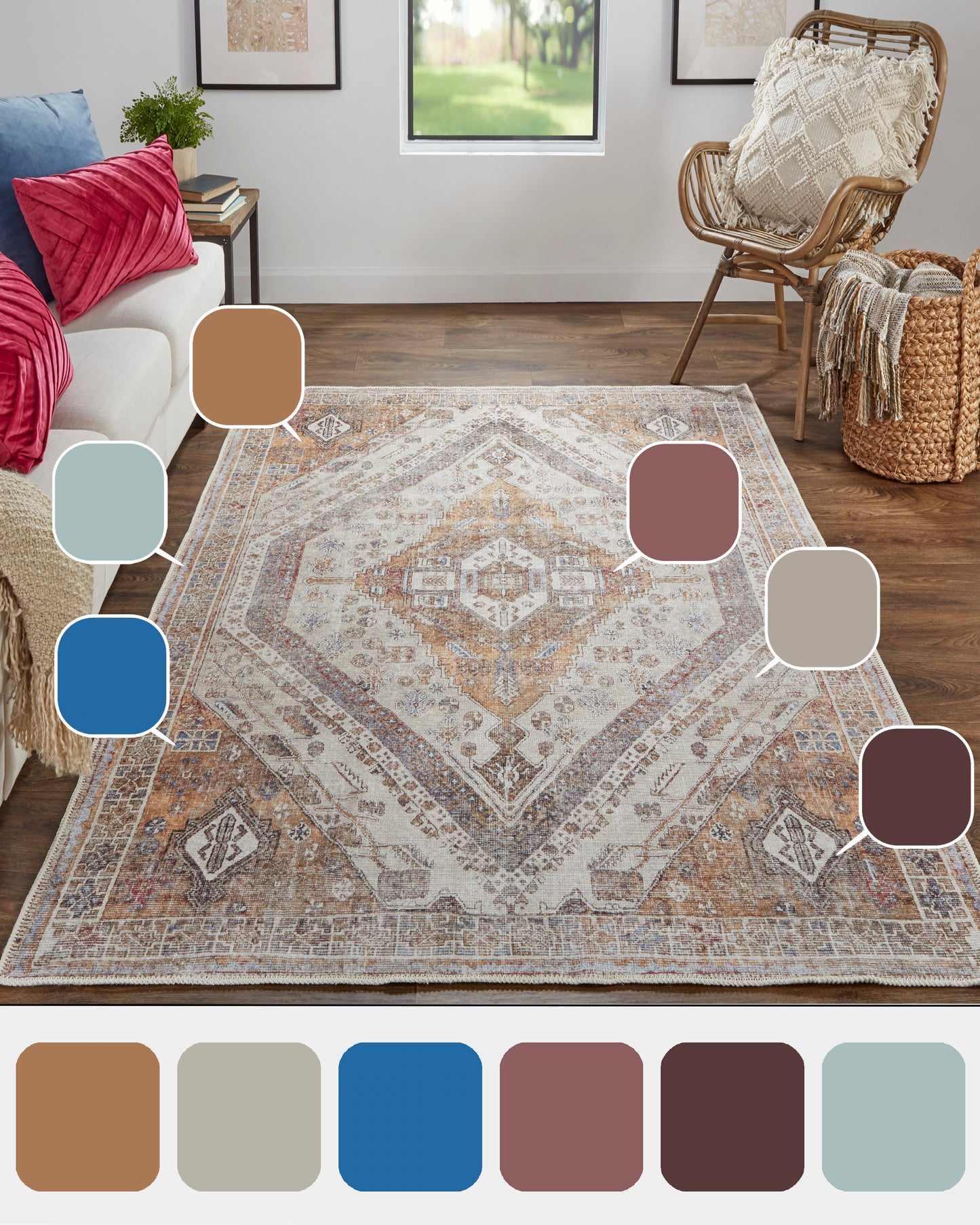 Percy Transitional/Bohemian & Eclectic/Classic Medallion/Distressed/Persian Ivory/Orange/Brown - Feizy Rug