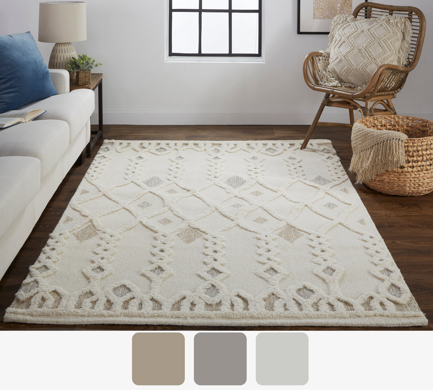 Anica Transitional/Scandinavian/Farmhouse Trellis & Lattice/Diamond Ivory/Tan/Silver - Feizy Rug
