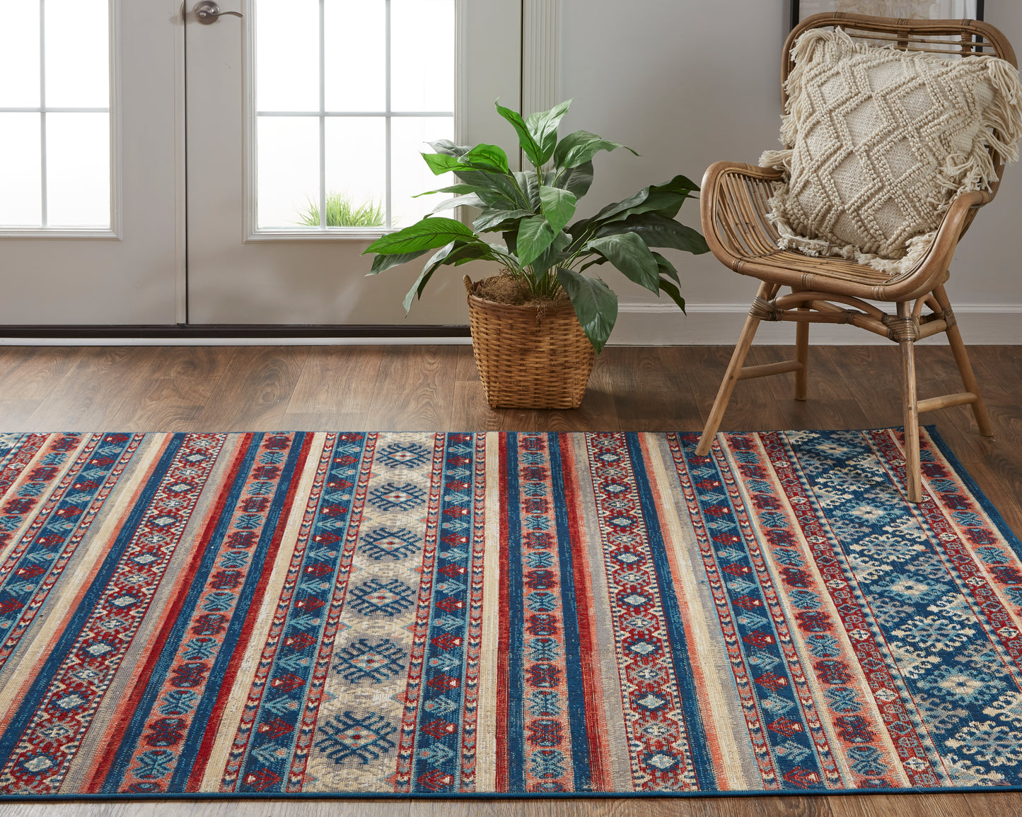 Nolan Transitional/Farmhouse/Casual Diamond/Stripes/Distressed Blue/Red/Ivory - Feizy Rug
