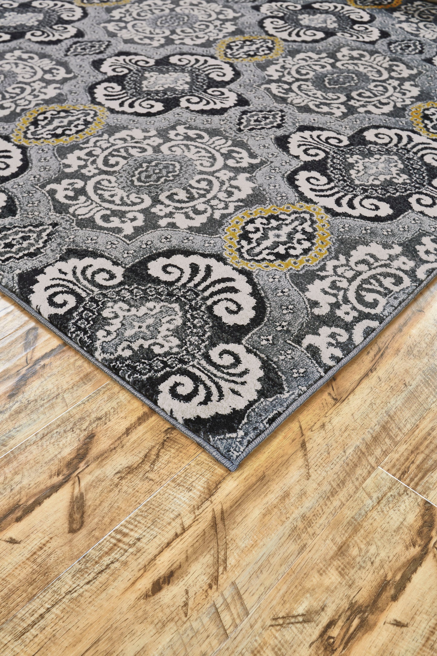 Bleecker Modern/Bohemian & Eclectic/Global Damask/Geometric Ivory/Gray/Yellow - Feizy Rug