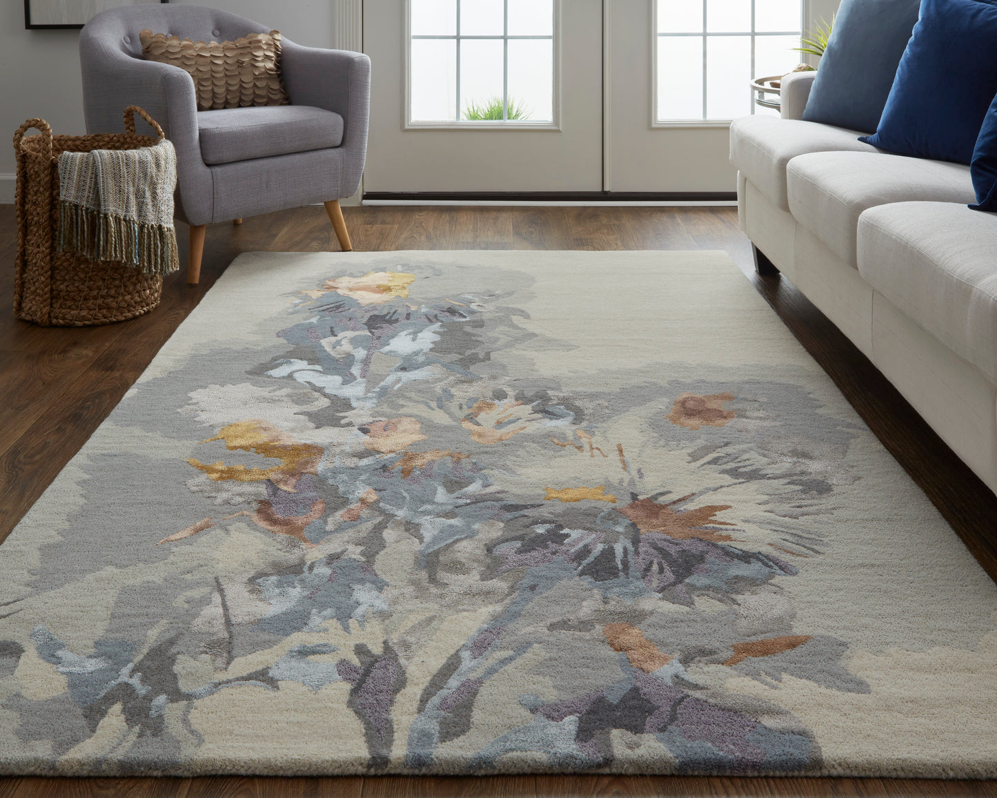 Dafney Transitional/Casual Floral & Botanical/Watercolor/Abstract Gray/Blue/Orange - Feizy Rug
