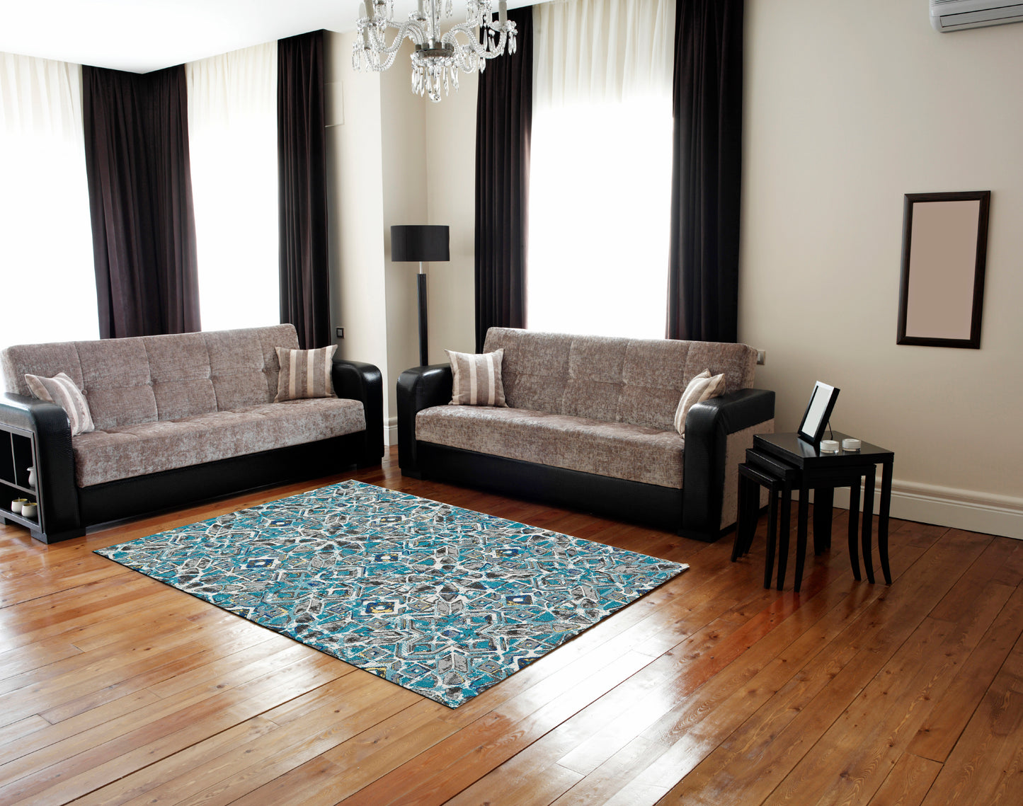 Brixton Modern/Bohemian & Eclectic/Industrial Geometric/Abstract Blue/Ivory/Taupe - Feizy Rug