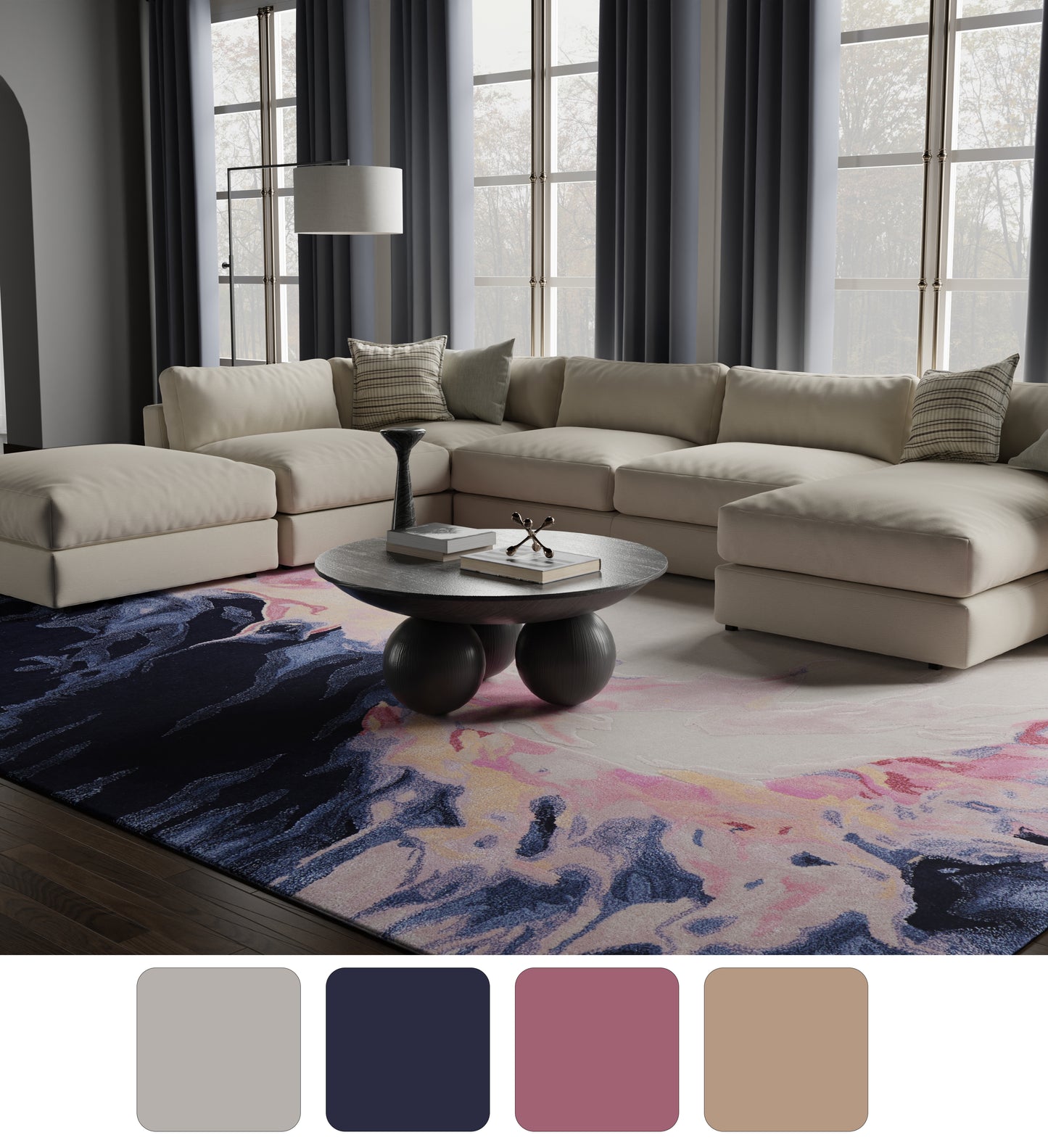 Kawai Modern/Bohemian & Eclectic Abstract/Watercolor Pink/Blue/Ivory - Feizy Rug
