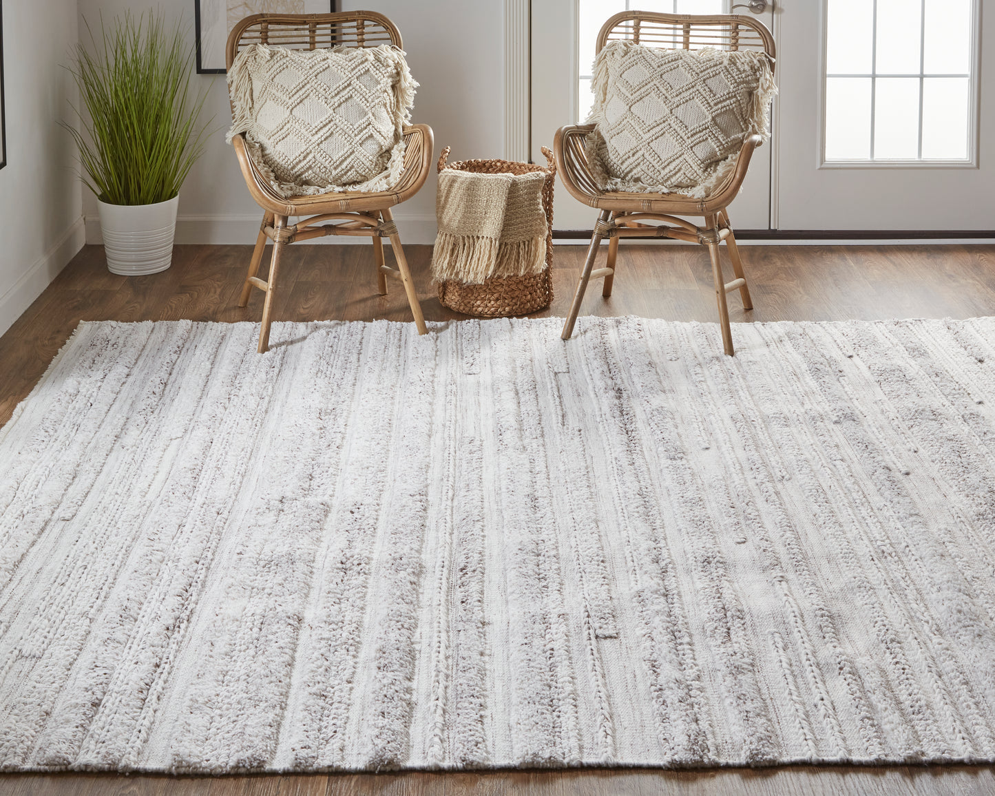 Alden Transitional/Casual/Scandinavian Stripes/Solid Ivory/Taupe - Feizy Rug